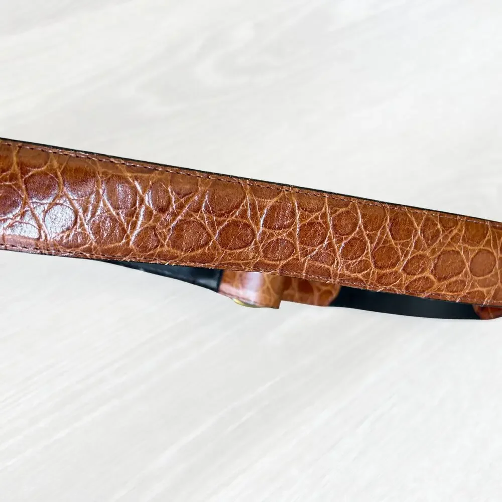 Vintage Sandy Duftler Croc Leather Chain Concho Belt Brown Brass Size AS IS